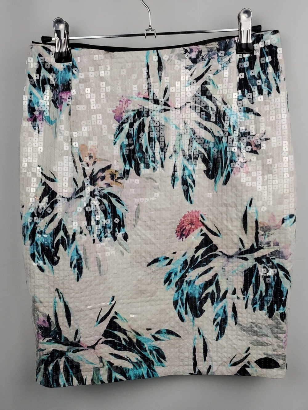 H&M White Sequin Pencil Skirt with Teal, Black & Pink Floral Print